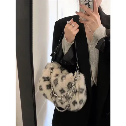 Femme Mode Imprimé Léopard Sac en Peluche Doux Duveteux Sac Baguette Décontracté Polyvalent Sac Bandoulière Épaule