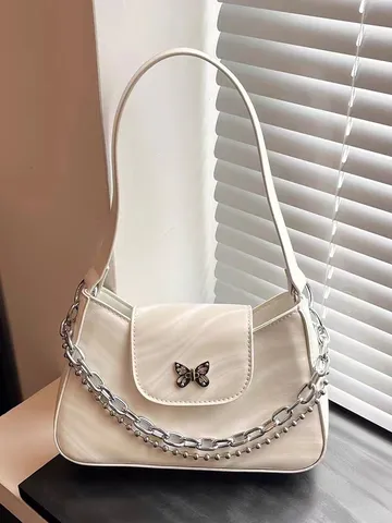 Sac Baguette Sous Les Bras En Cuir PU Mode Femme Sac Bandoulière Plissé Tendance Avec Chaîne Et Nœud Rétro Chic
