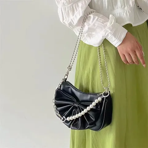 Femme Mode Cuir PU Plissé Noeud Perlé Chaîne Sac Bandoulière Décontracté Sac Sous Bras Quotidien