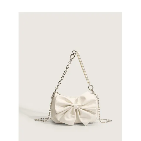 Femme Mode Cuir PU Plissé Noeud Perlé Chaîne Sac Bandoulière Décontracté Sac Sous Bras Quotidien