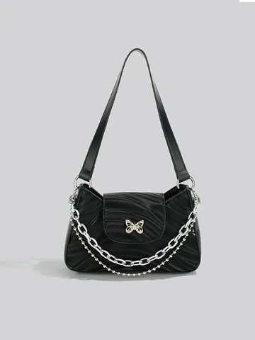 Sac Baguette Sous Les Bras En Cuir PU Mode Femme Sac Bandoulière Plissé Tendance Avec Chaîne Et Nœud Rétro Chic