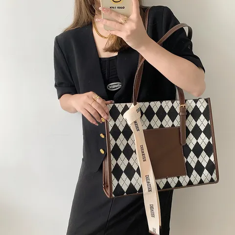 Sac Cabas Grande Capacité en Cuir PU pour Femmes Motif Losange Sac à Main