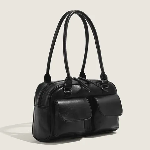 Rétro Femmes Sac Boston Cuir PU Couleurunie Fermeture Éclair Sac d'Aisselle Bandoulière Minimaliste Sac à Main