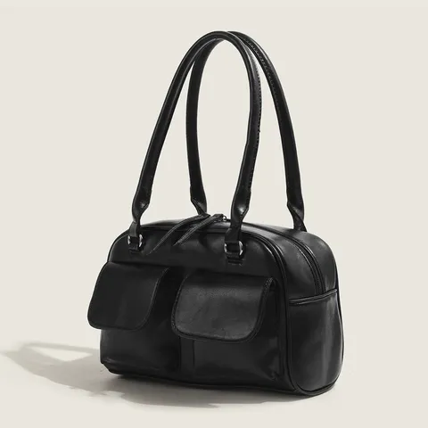 Rétro Femmes Sac Boston Cuir PU Couleurunie Fermeture Éclair Sac d'Aisselle Bandoulière Minimaliste Sac à Main