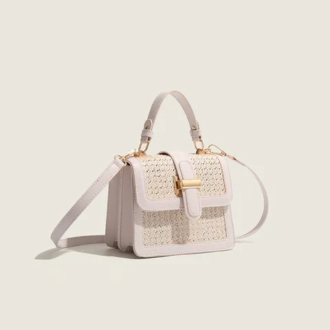 Femmes Décontracté Tissé Paille Sac Bandoulière PU Cuir Petit Sac à Main Métal Verrou Été Quotidien Sac Épaule