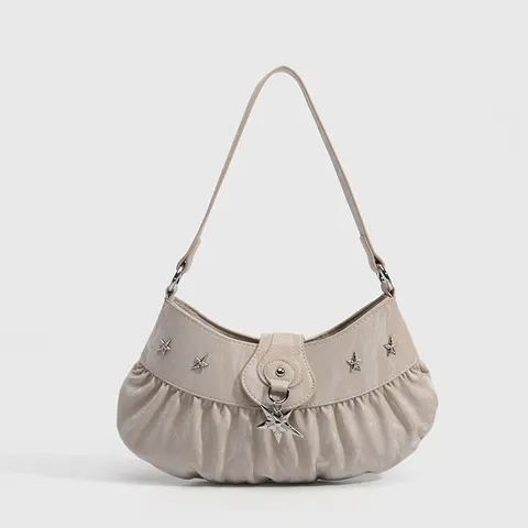 Women Underarm Bag PU Leather Pleated Shoulder Bag Y2K Fashion Crescent Hobo Bag With Star Pendants Daily Handbag