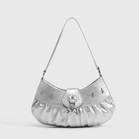 Women Underarm Bag PU Leather Pleated Shoulder Bag Y2K Fashion Crescent Hobo Bag With Star Pendants Daily Handbag