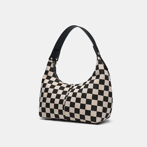 Rétro Noir Et Blanc Damiier Ravioli Sac Toile Épaule Aisselle Sac Casual Cabas Sac À Main Pour Femmes Trajet Quotidien