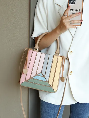Women Fashion Splicing Color-Blocking Handbag PU Leather Casual Tote Crossbody Shoulder Bag Trendy Niche Design Bag