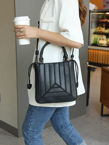 Women Fashion Splicing Color-Blocking Handbag PU Leather Casual Tote Crossbody Shoulder Bag Trendy Niche Design Bag