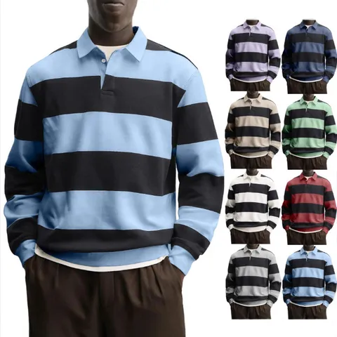 Men's Casual Long Sleeve Striped Polo Shirt Loose Fit Turn Down Collar Button Polo Tops Spring Autumn Fashion