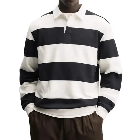 Men's Casual Long Sleeve Striped Polo Shirt Loose Fit Turn Down Collar Button Polo Tops Spring Autumn Fashion
