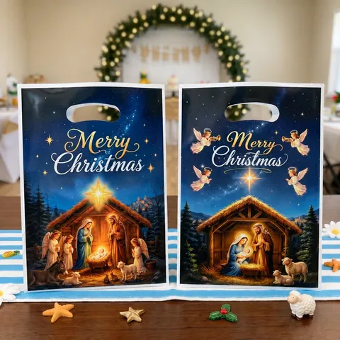 Christmas Plastic Gift Bags Nativity Religious Theme Handle Die-Cut Candy Bags For Christmas Eve Party Favors Packaging Souvenir Bags