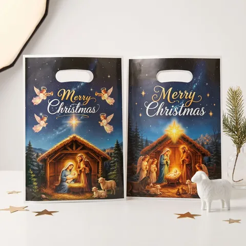 Christmas Plastic Gift Bags Nativity Religious Theme Handle Die-Cut Candy Bags For Christmas Eve Party Favors Packaging Souvenir Bags