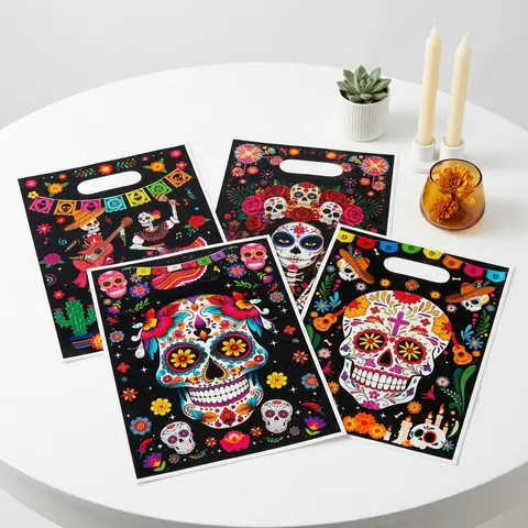 Tag Der Toten Kunststoff Geschenktüten Bunter Totenkopf Druck Halloween Party Süßigkeiten Verpackung Mexikanische Sugar Skull Deko Handtasche