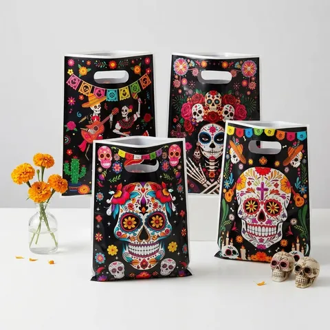 Tag Der Toten Kunststoff Geschenktüten Bunter Totenkopf Druck Halloween Party Süßigkeiten Verpackung Mexikanische Sugar Skull Deko Handtasche