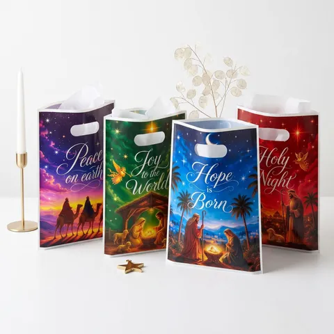 Christmas Nativity Scene Manger Gift Bags Religious Plastic Party Favors Bags With Die-Cut Handle Printed Holiday Packaging Bags