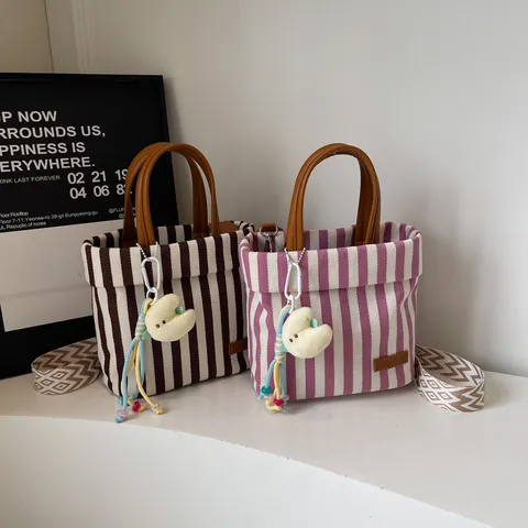 Kids Canvas Crossbody Bag Striped Tote Bag Cute Commuting Handbag With Shoulder Strap Children Mini Casual Bag