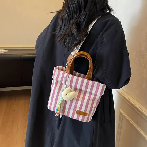 Kids Canvas Crossbody Bag Striped Tote Bag Cute Commuting Handbag With Shoulder Strap Children Mini Casual Bag