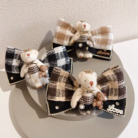 Stile Coreano Quadri Fiocco Fermaglio per Capelli Carino Orsetto Cartoon Forcina Ragazze Coda di Cavallo Accessori per Capelli