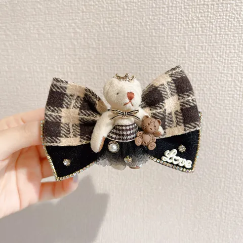 Stile Coreano Quadri Fiocco Fermaglio per Capelli Carino Orsetto Cartoon Forcina Ragazze Coda di Cavallo Accessori per Capelli