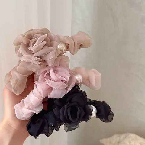 Molla per Capelli in Rete Floreale Perla Artificiale Plissettata Vintage Francese Elegante Pinza Squalo Accessori Capelli Donna