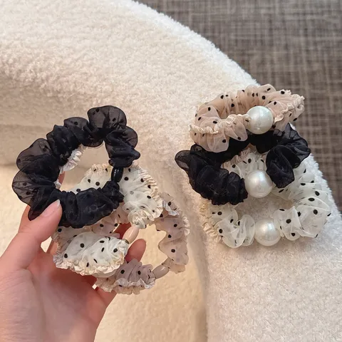 Vintage Francese A Pois Mesh Fasce per Capelli Donna Dolce Accessori per Capelli Con Perla Artificiale Elegante Supporto per Coda di Cavallo Corda per Capelli