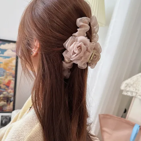 Molla per Capelli in Rete Floreale Perla Artificiale Plissettata Vintage Francese Elegante Pinza Squalo Accessori Capelli Donna