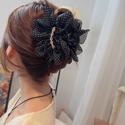 Molletta per Capelli in Rete a Pois Vintage Francese Elegante Molletta Squalo Plissettata a Nuvola Con Perla Artificiale Accessori Capelli Donna