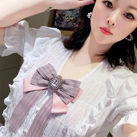 Korean Style Heavy Industry Rhinestone Bowknot Brooch Ribbon Bow Tie Collar Pin For Women Fashion Clothing Accessories