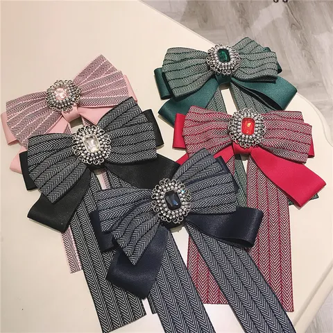 Korean Style Heavy Industry Rhinestone Bowknot Brooch Ribbon Bow Tie Collar Pin For Women Fashion Clothing Accessories