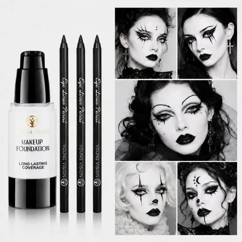 Λευκό Υγρό Foundation Μαύρο Eyeliner Κραγιόν Γοτθικό Halloween Μακιγιάζ Σκηνής Αδιάβροχο Μεγάλης Διάρκειας Σετ Μακιγιάζ