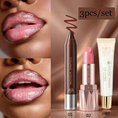 Young Vision Set Trucco da 3 Pezzi Rossetto Perlato Brillante e Lucidalabbra Kit Trucco Labbra Idratante a Lunga Durata