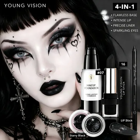 Halloween Gothic Black Makeup Set Liquid Foundation Lipstick Eyeliner Glitter Eyeshadow Cosmetic Kit For Party