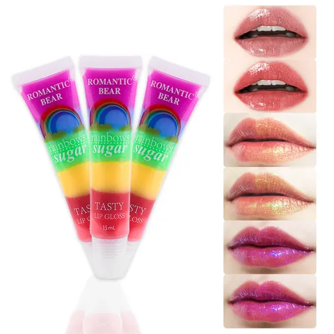 Romantic Bear Rainbow Jelly Clear Soft Tube Lip Gloss Long Lasting Moisturizing Hydrating Liquid Lipstick Makeup
