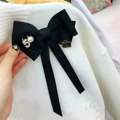 Koreanischer Stil Schwarzer Stoff Schleife Kragen Nadel Brosche Mit Künstlicher Perle Strass Anhänger Damen Mode Kleidung Zubehör