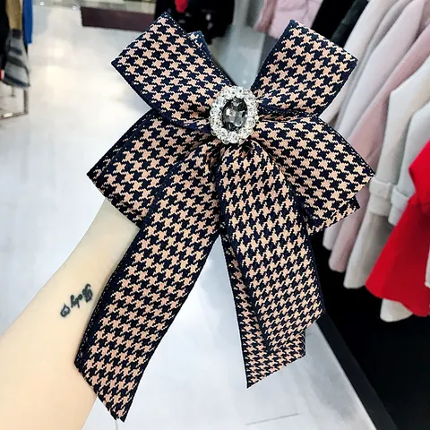 Spilla con Fiocco Pied-de-poule Retro Coreano Strass Fiore da Colletto Spilla per Camicia Accessori Moda Donna