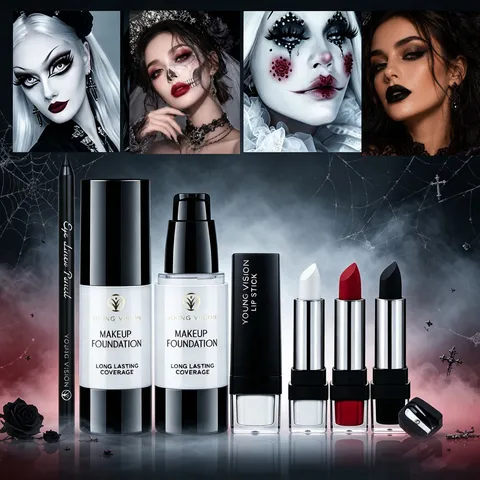 YOUNG VISION Halloween Gothic Black Makeup Kit Eyeliner Liquid Foundation Lipstick Cosmetic Set For Party
