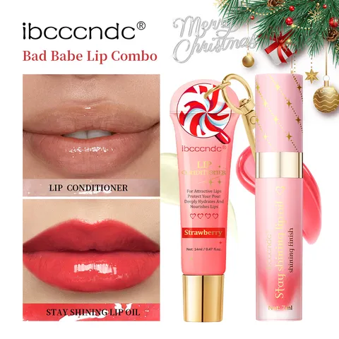 Festive Christmas Strawberry Lip Care Duo Moisturizing Balm And High Shine Glossy Lip Oil Present