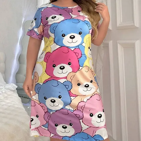 Donna Taglia Forte Casual Largo Manica Corta Girocollo Camicia da Notte Carino Stampa Cartoon Abito Midi Abbigliamento da Notte