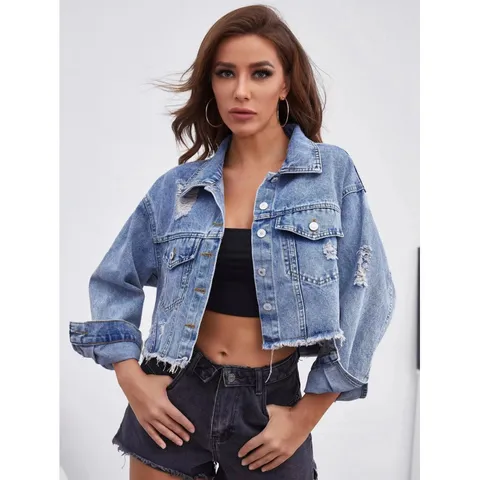 Damen Casual V-Ausschnitt Einreihig Rauhe Kante Zerrissen Jeansjacke Chic Pendeln Polyester Kurze Oberbekleidung