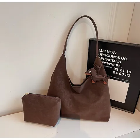 Retro Minimalist Large Capacity Commuter Shoulder Underarm Bag PU Leather Hobo Handbag With Cute Dog Pendant
