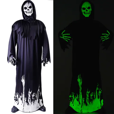 Costume de Faucheuse Lumineuse d'Halloween pour Homme Adulte en Polyester avec Robe à Capuche Imprimée Masque Gants Faux Lumineuse