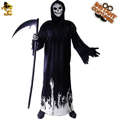 Costume de Faucheuse Lumineuse d'Halloween pour Homme Adulte en Polyester avec Robe à Capuche Imprimée Masque Gants Faux Lumineuse