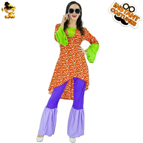 Women's Retro 70s Hippie Costume Vintage Floral Print Top And Bottom Flare Pants Disco Party Stage Performance Cosplay Outfit