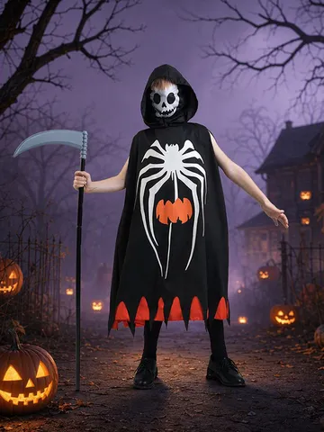Halloween Children Hooded Cloak Pumpkin Spider Web Print Cape Top With Skull Mask And Scythe Prop For Party Costume Boys Girls