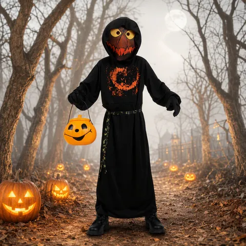 Halloween Kinder Kürbis Geist Kostüm Set Schwarzer Kapuzenmantel Mit Maske Gürtel Für Kinder Bühne Performance Party Outfit