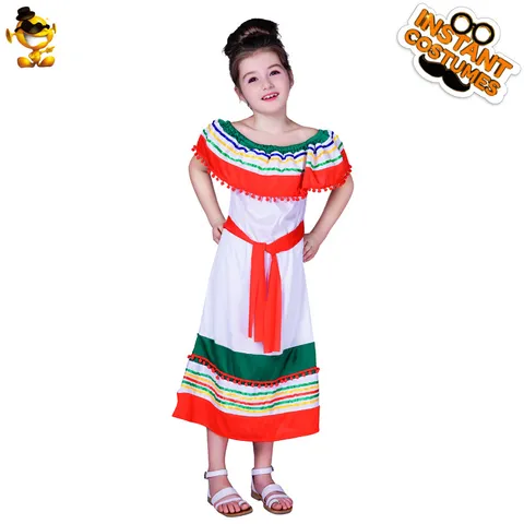 Meisjes Mexicaanse Stijl Kostuumjurk Kinderen Off Shoulder Podium Outfit Halloween Carnaval Kleurrijke Gestreepte Party Jurk Polyester Jurk Met Rode Riem