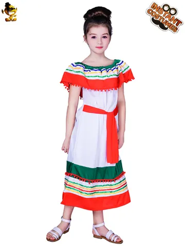 Meisjes Mexicaanse Stijl Kostuumjurk Kinderen Off Shoulder Podium Outfit Halloween Carnaval Kleurrijke Gestreepte Party Jurk Polyester Jurk Met Rode Riem