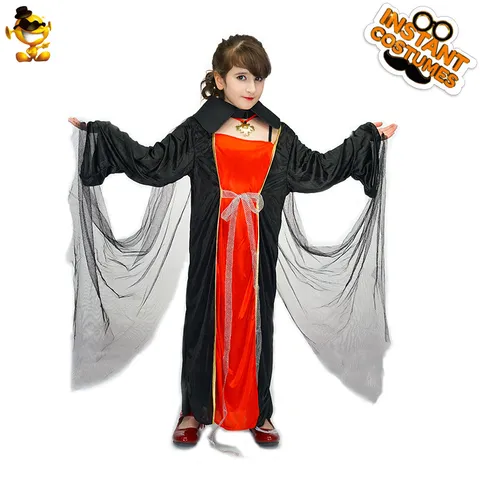 Halloween Kids Girls Vampire Princess Cosplay Costume Black Red Mesh Sleeve Castle Party Dress Stage Performance Apparel